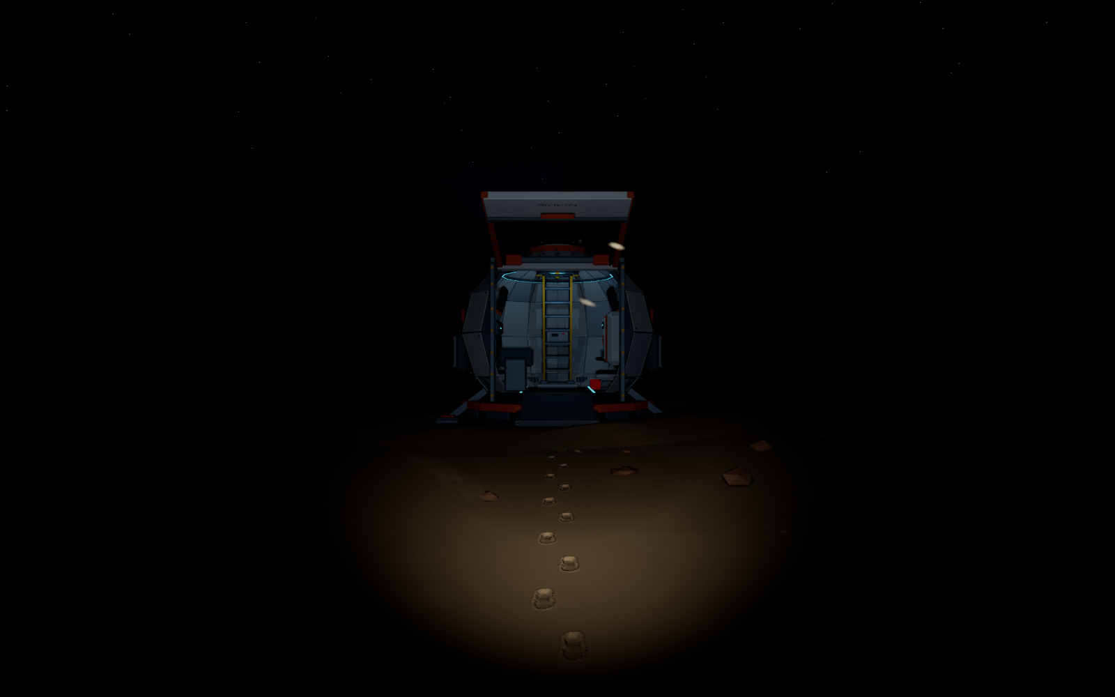 An escape pod lit by a flashlight, with footprints across dark desert sand